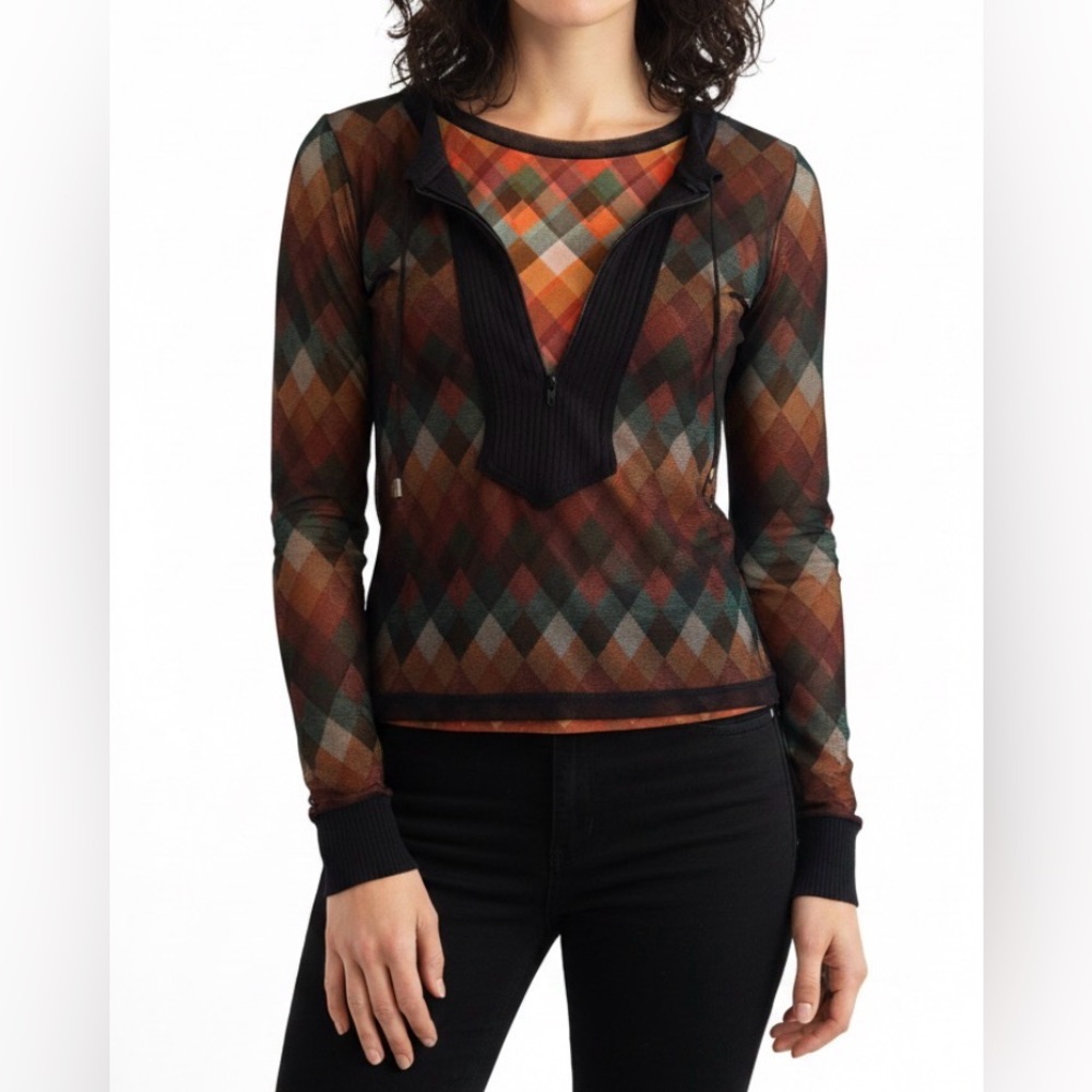 Anac Argyle Long Sleeve Mesh Top with Zip Placket Multi Brown Y2K Size Medium